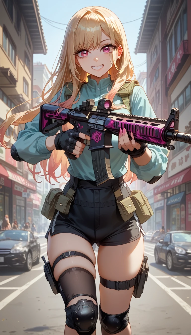 ultra-detailed, 1girl, kitagawa marin, sono bisque doll wa koi wo suru, ((masterpiece)), (best quality), (highres), 16K, perfect face, magenta eyes, multicolored hair, blonde hair, long hair, wearing tactical clothes, black panties, black thighhighs, knee pads, sports shoes, busty body, large breasts and a beautiful ass, showcasing cleavage, legs, hips, holding weapon, holding assault rifle, looking at viewer, smile, detailed hair, detailed full body, thigh details, city background