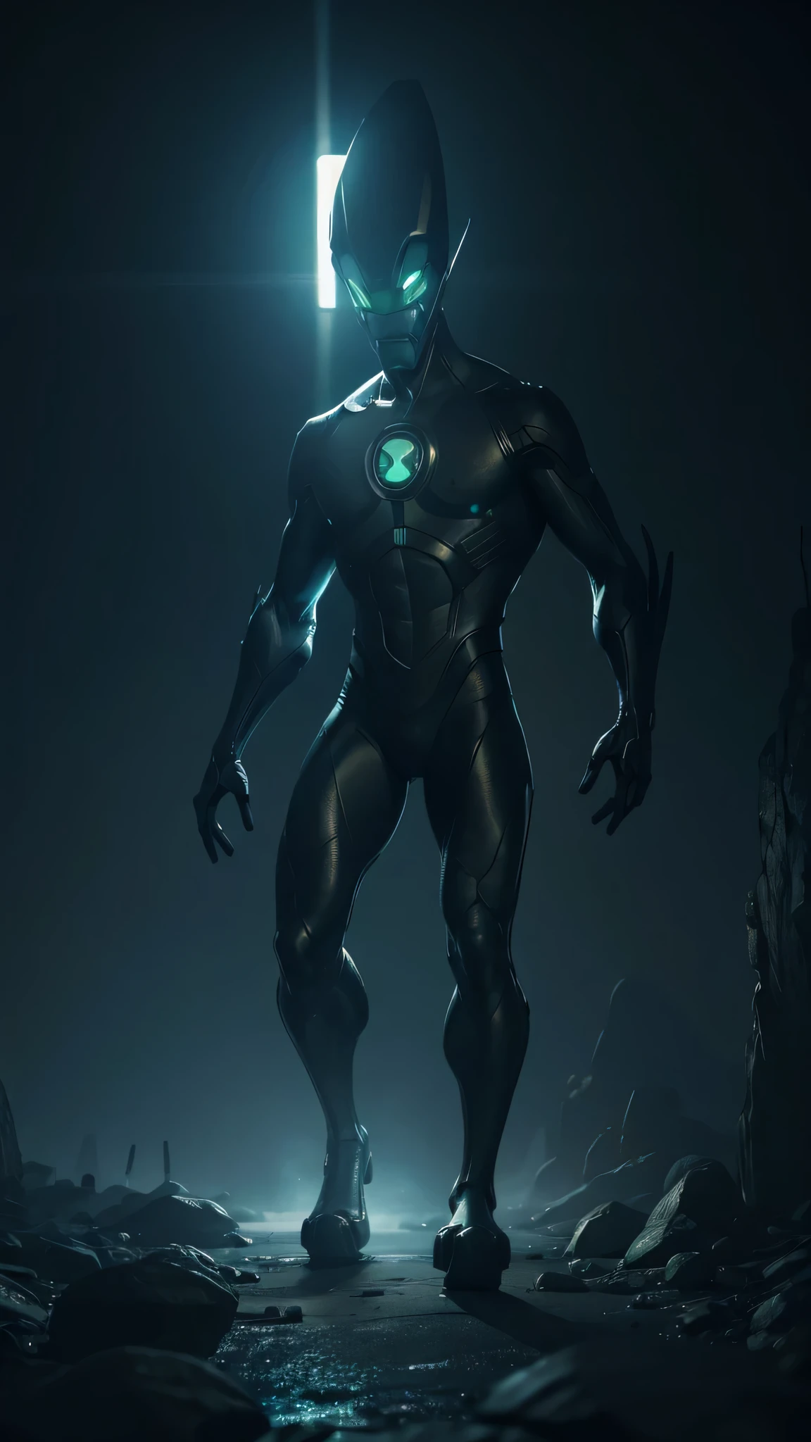 a alien his home planet, a Device glowing on his chest, full body, realistic, highly detailed, hyperrealistic, 8k, cinematic lighting, volumetric fog, dramatic atmosphere, stunning colors, intricate details, incredible textures, photographic quality, masterpiece