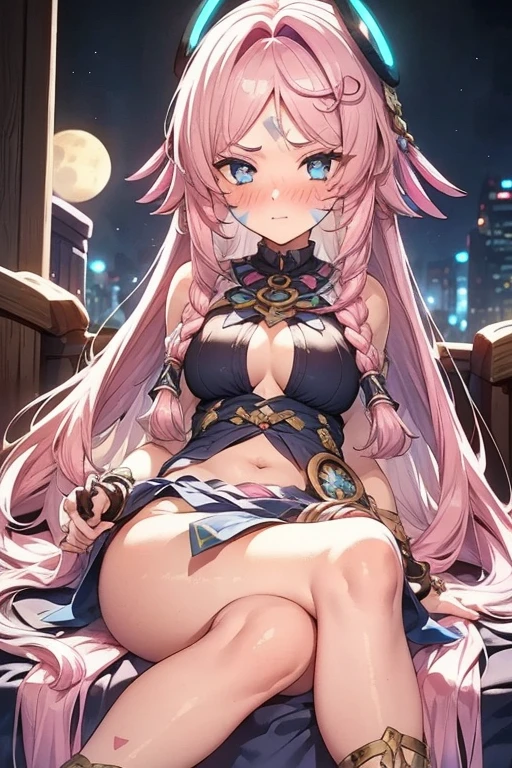 1girl,solo,citlali,(masterpiece, best quality:1.2),cowboy shot,pink hair,parted bangs,very long hair,hair down,braids,hair ornament,facial Mark,blue eyes,pink pupils,tribal clothes,waistcloth,glowing eyes,blush,embarrassed,reclining,beautiful detailed,hyper detail,masterpiece,best quality,bright,village,moon night