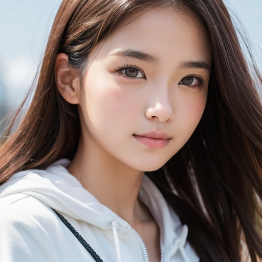 Create a close-up 4K realistic photo of a beautiful Indonesian woman wearing a denim shirt. She should have a warm and inviting expression, capturing the details of her features and the texture of the denim fabric. The background should be softly blurred to keep the focus on her face and attire.