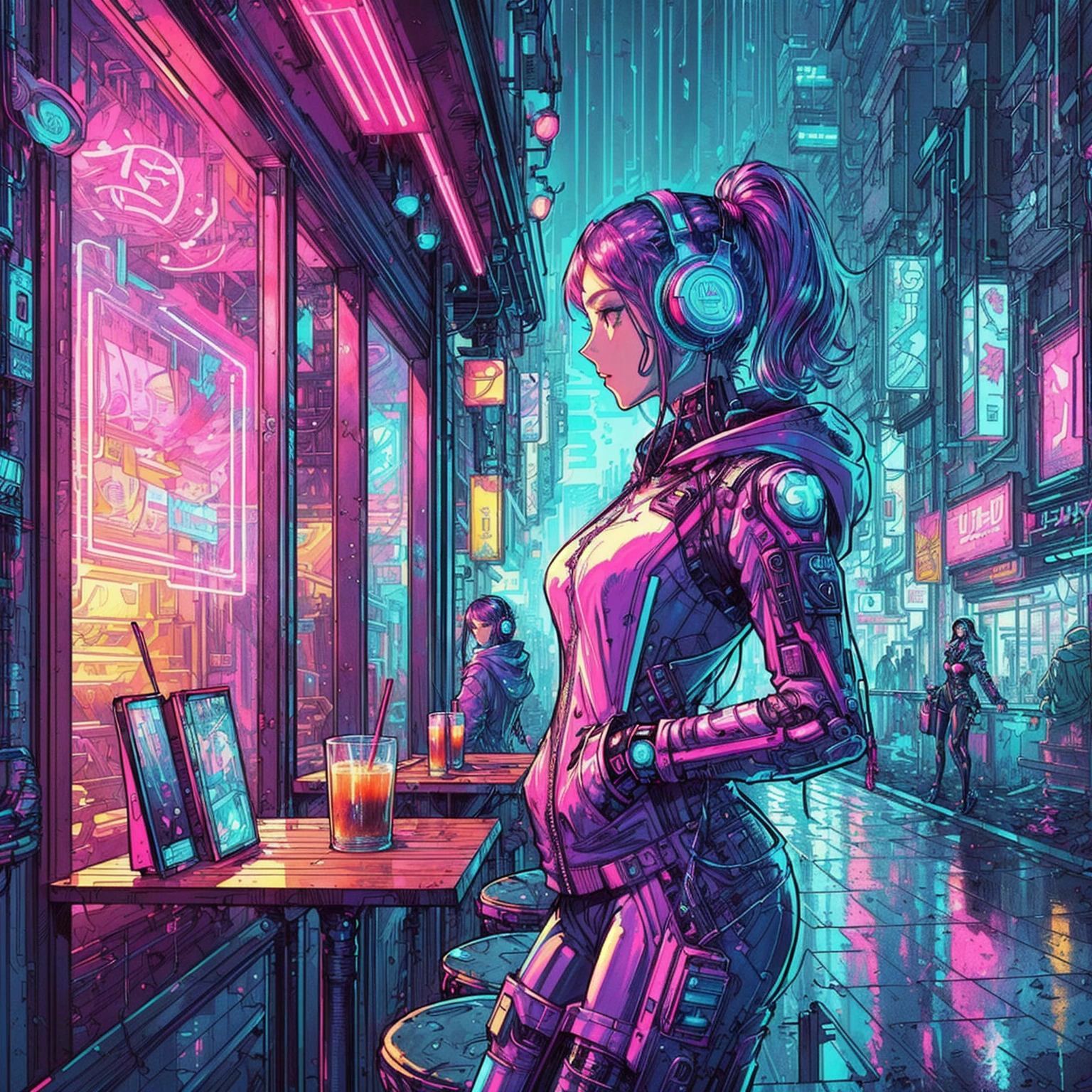 a woman with headphones and a shiny hoodie is looking at a café, style of Moebius, Métal Hurlant, style of Philippe Druillet, digital cyberpunk - anime art, cyberpunk artstyle, bright cyberpunk glow, cyberpunk illustration, cyberpunk anime art, cyberpunk art, digital cyberpunk anime art, anime cyberpunk art, cyberpunk vibrant colors, detailed cyberpunk illustration, retro cyberpunk, in cyberpunk style