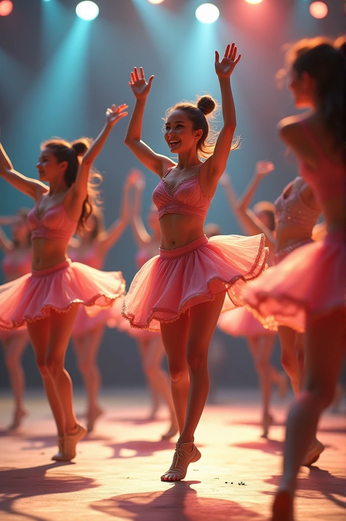 several images of a woman in a short skirt and a top, she is dancing. realistic, rotoscoped, fullbody dynamic poses, dancing character, dynamic poses, multiple poses, rotoscoping, various pose, full body with dynamic pose, different poses, various poses, artist reference images pose, expressive poses, spritesheet, dynamic pose realistic
