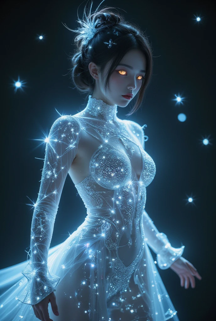 Full figure, seven -clinging shooting, 18 years old, wearing transparent science fiction dress, exquisite faces, details, hands, ultimate details, amazing magnificence, LED internal lighting, Pedaipan style, fiber hair, glowing black iris, glowing black iris,
