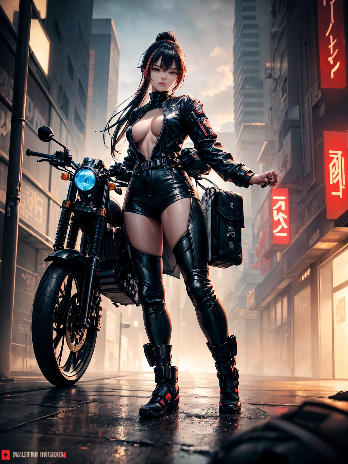 ff Tifa, solo person, Realistic standing painting, comic strip，a matural female，Black hair, aqua eyes, smile, （Fidelity：1.4）, RAW photogr,little breast，musculous,，Abs ，long leges, full bodyesbian, deep shading，rays of sunshine，Smile Expression，a sexy pose，Reddish cheeks，Gentle eyes，wetted skin, perspire, hyper HD, Verism, Cinematic lighting, Masterpiece, Textured skin, High details，Beautiful detailed thighs,，Cyberpunk Street，Ride on an Akira motorcycle，blackstockings, mini-skirts,,Finger details --auto
