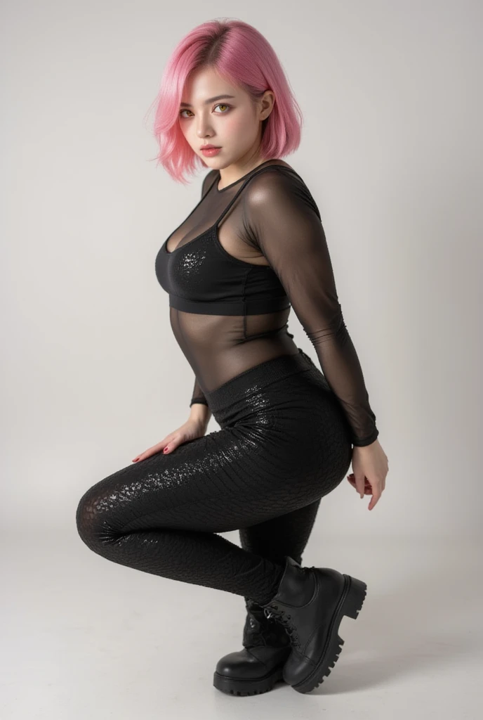 a woman 30 yo, redhead, streaked hair, make up, black lips, piercing, fishnet stockings, fishnet armwear, sheer crop top, no panties,