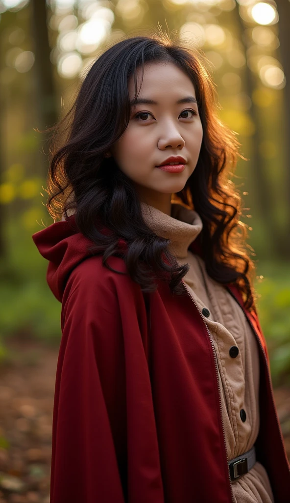 Medium shot of a beautiful dark brown hair girl with long, slightly wavy hair, messy hair, red lips, wearing red cloak with hood covering her head, little red riding hood cosplay, in the forest, light eyes, A little cold but with elegant features, High Resolution, Masterpiece, Award Winning, Best Quality, High Details, Super Detailed, Textured Skin, UHD, beautiful backlight, sillhouette, rim light, beautiful golden light effect. 