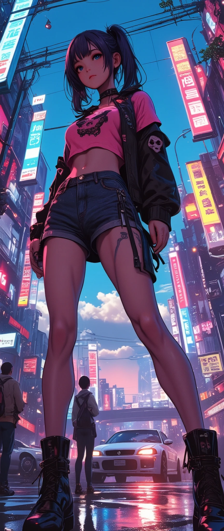  Anatomically correct , Plan General,  full body  ,  beautiful woman in sexy pose , short denim miniskirt ,  pink top with a drawing of a skull standing next to a car, GTA V ,  camera view from below Ross Tran style , realistic art style , In the style of Ross Tran , Ross Tran. picturesque background ,  beautiful digital artwork  , lois van rossdraws, realistic art style ,  impressive digital illustration  , ross drawings 1  . 0,  impressive art style  , in the style of Guveiz  ,quality\(8K,  wallpaper с чрезвычайно детализированным CG юнитом,  High definition , top-quality, top-quality real texture skin,  hyperrealistic , increase resolution , RAW photos , best quality, It's very detailed ,  wallpaper , Proporción áurea,  high-intensity realism  ,  style in bright colors  ,  'dramatic lighting'  ,  Compelling story  , атмосферный landscape ,  Stunning images  ,  complex details  , strong emotions, dream world\).landscape, Contract, Retina,  masterpiece , necessary,  Anatomically correct  ,  Textured skin  ,  super detail ,  High level of detail , high quality , awarded , best quality,  High definition , 1080P,  High definition , 16 mil.