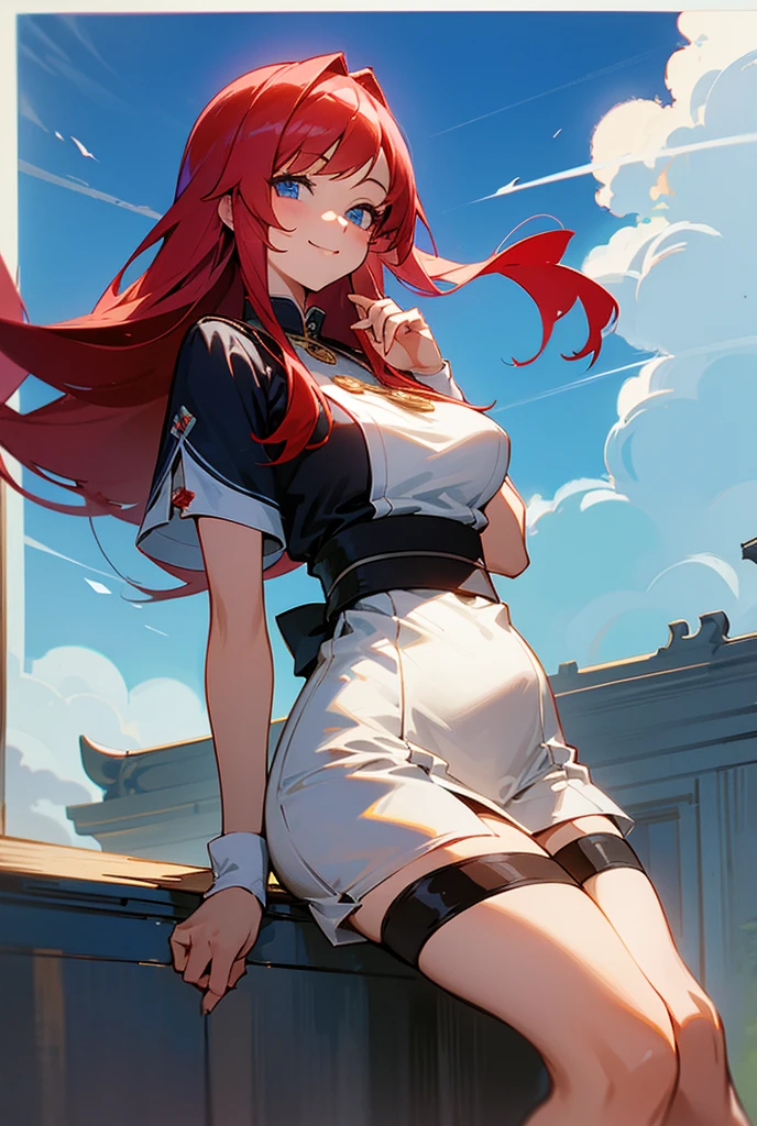 1 Female,High definition,high resolution,Ultra-realistic,8K, 8K, 1girl, solo, red hair, red eyes, twintails, employee uniform, pencil skirt, skull print, navy cap, fang, black legwear, white gloves,European,sexy,Upper body close-up,Photographed from the front,Dynamic Angles,(blush), big tits , happy, wink the eye,facial, sweat,multicolored hair , outdoors, moonlight, night ,leaf , windy,tree background
