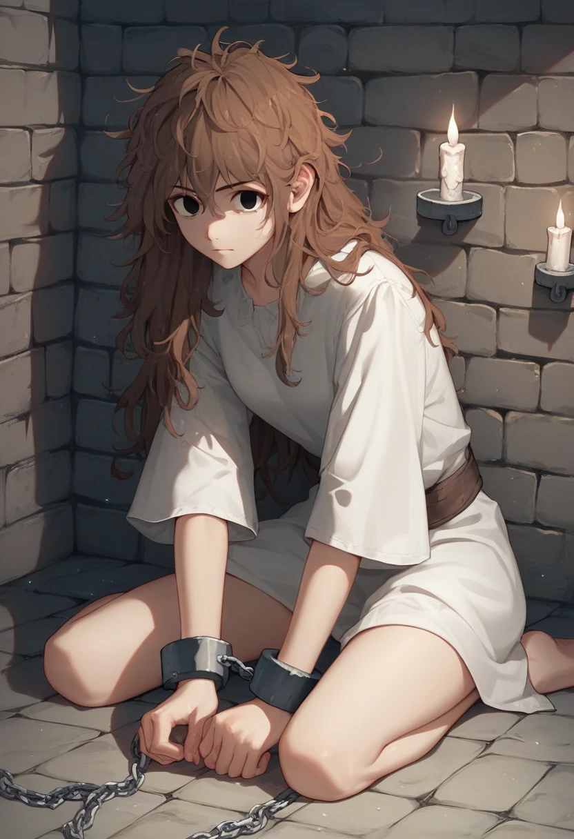 BREAK источник_anime, manhwa-artstyle, 1 girl, white shirt, solo, looks at the viewer, putting arms, chains, shackles, brown hair, messy hair, black eyes, jail, long hair, dungeon, medieval prison, worth, night, candles, sit, floor, 