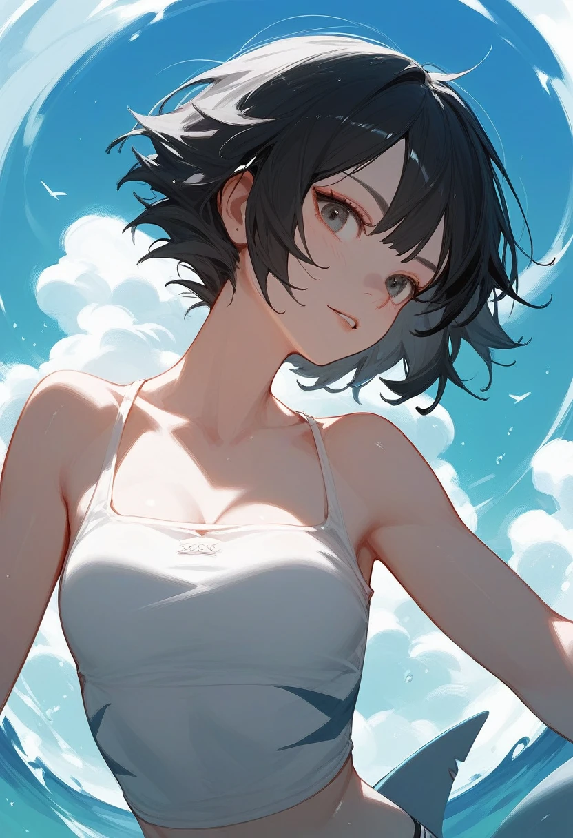 Shark girl, short black hair, Ellen Jo 