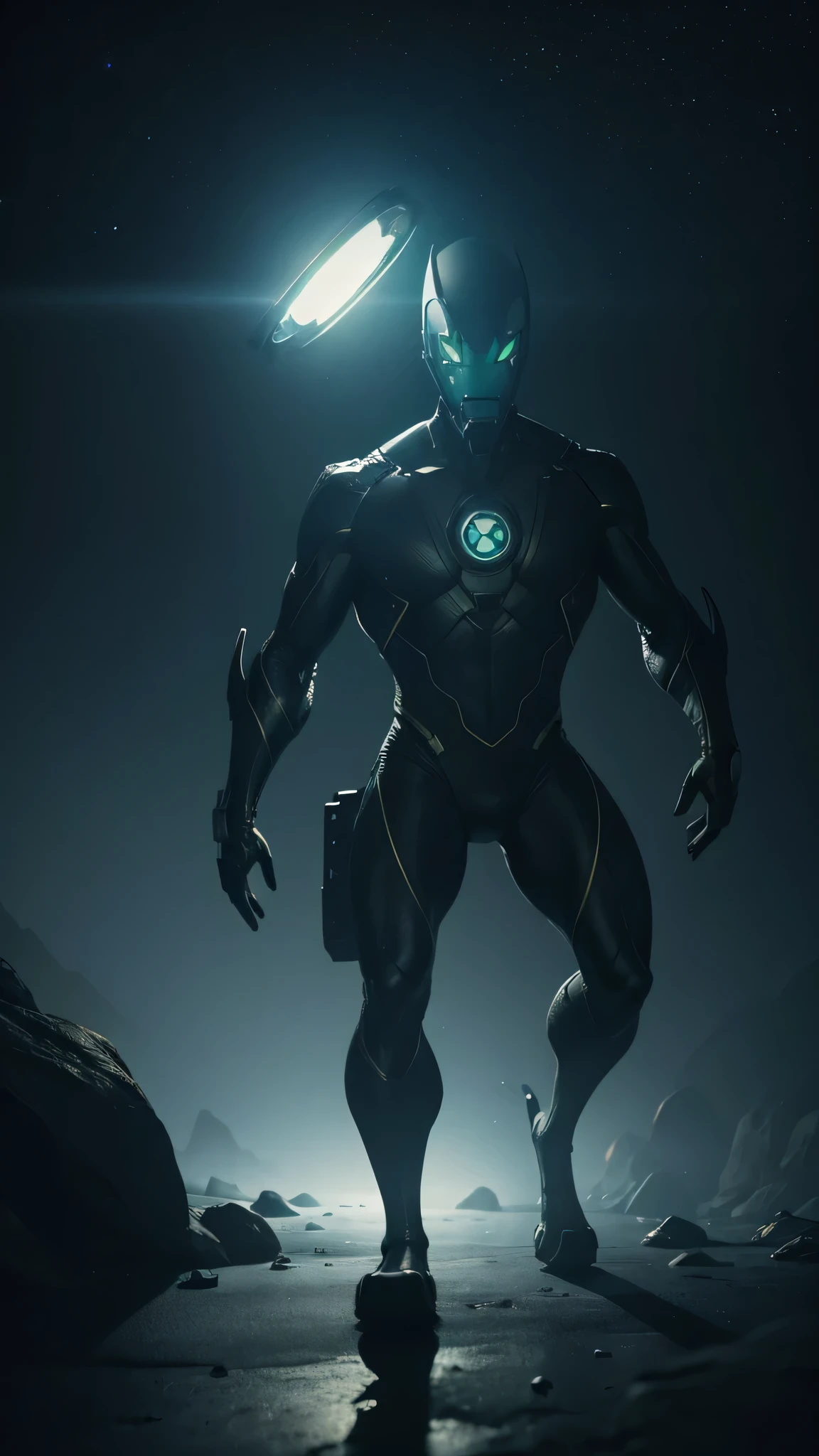 a alien his home planet, a Device glowing on his chest, full body, realistic, highly detailed, hyperrealistic, 8k, cinematic lighting, volumetric fog, dramatic atmosphere, stunning colors, intricate details, incredible textures, photographic quality, masterpiece