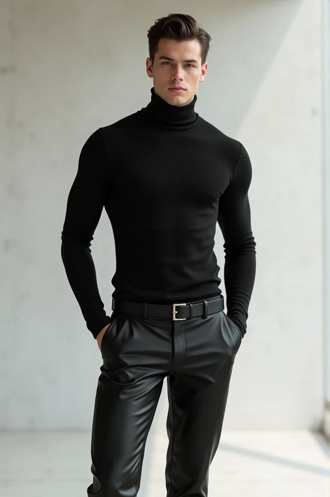 Asian man, handsome, company CEO, in his office, plain black sweater dress, dress gray pants, black silk stockings and black shiny shoes, seated, with legs open, with a bulge in his pants in the crotch, looking seductively, in a white light, sexy, touching his bulge