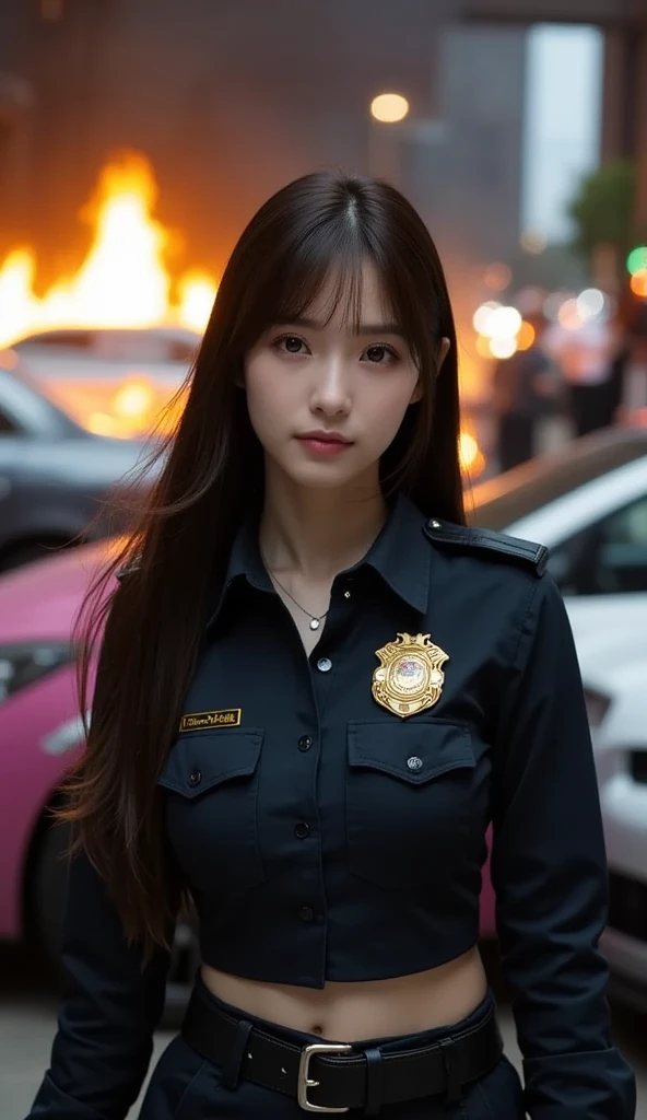 Top quality, masterpiece, high resolution, (exquisite body: 1.5), gorgeous face, (milky skin: 1.3), intricate details, high resolution, wallpaper, 1girl, solo, police officer, ((((Police officer uniform)))), leather pant, short hair, black hair, closed mouth, long sleeve, (pistol in one hand), big eyes, floating hair, natural pose, police station, 16K, HDR, hi-res, Depth Field, Golden Hour, (Lens Flare), Vignette, Rainbow, (Color Grading: 1.5)