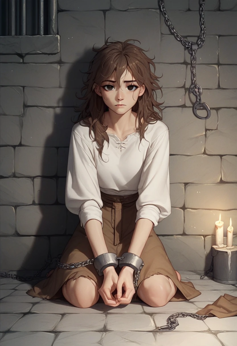 check_9, check_8_up, check_7_up, check_6_up, check_5_up, check_4_up, manhwa-artstyle, 1 girl, white shirt, solo, looks at the viewer, putting arms, chains, shackles, brown hair, messy hair, black eyes, jail, long hair, dungeon, medieval prison, worth, night, candles, sit, floor, 