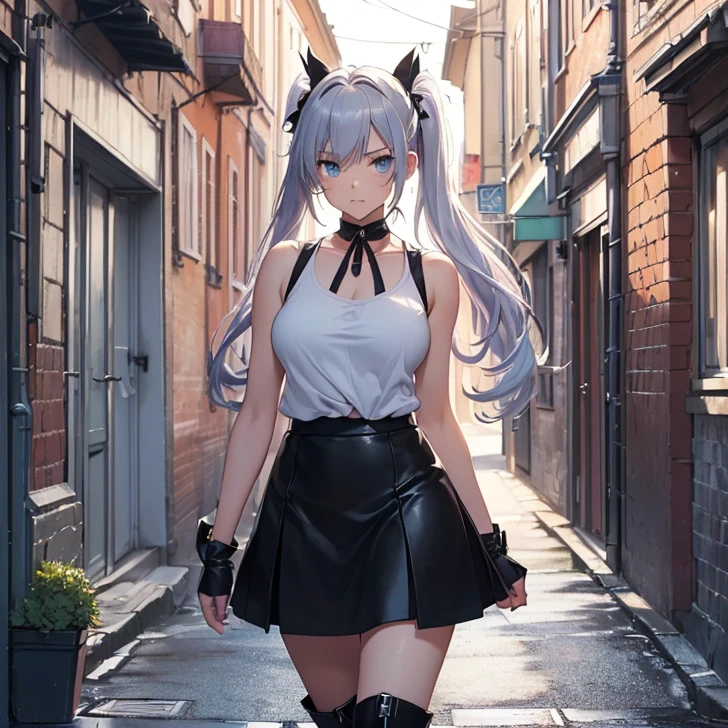 girl with silver hair, red eyes, medium breasts, sexy body, wearing casual clothes ((mini skirt with stockings))((clothes covering part of the neck and stomach, open shoulders)),((black color, with stripes)) ,((date atmosphere)),((dating place background)),((the shirt covers the stomach))