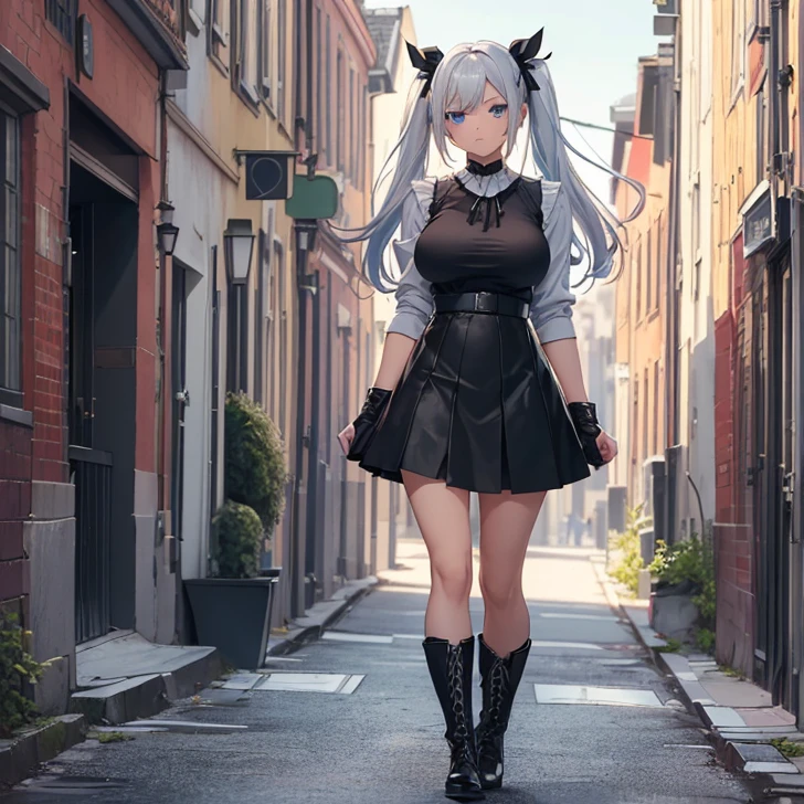 A girl wearing black custom gothic dress, with black roses decorating the top, long silver hair, black military hat, long black stockings, women's black boots, smiling, purple eyes, walking on the promenade in a traditional German town, full body, breasts big,(woman solo), HDR, ultra resolution, sharp, masterpiece, 8K HD
