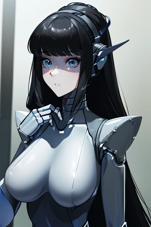 (masterpiece),(Highest quality),(Super detailed),(Best illustrations),(Best Shadow),(Absurd),(Detailed Background),(so beautiful), 16K, 8K, 4K,(Best Shadow),robotization,woman ,big bust,Robot Joint ,Metal skin,Black robot Suit,long hair,a black robot suit that covers the whole body,robot hand,cyber bodysuit,mecha head,(Detailed hands and fingers:1.2),Ball joint robot body,doll joint,beautiful face,beautiful robot girl,robotic eye,robotic hands,(no more human skin),android girl,cyborg girl,F cup, sexy body,(machine made joints:1.2),(machanical limbs:1.1),(blood vessels connected to tubes),(mechanical vertebra attaching to back),(mechanical cervial attaching to neck),no messy picture style,no emotion,tech control,black robot suit,maintenance