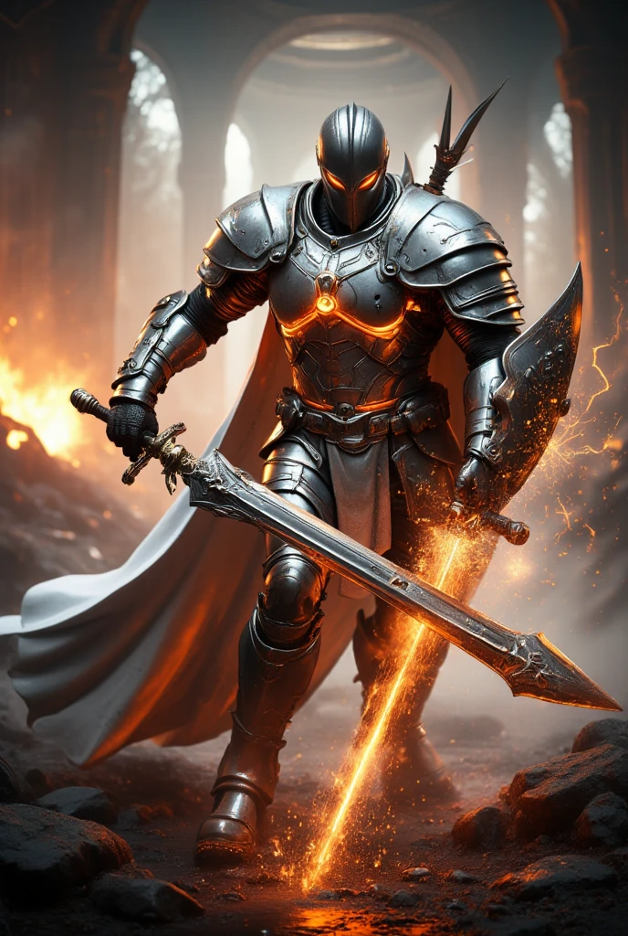 unreal engine, a full armor mecha paladin, he wear a white knight armor with glittering orange neon light and white cloak, he holding a holy white sword with glittering orange neon light, fighting stance, cinematic lighting