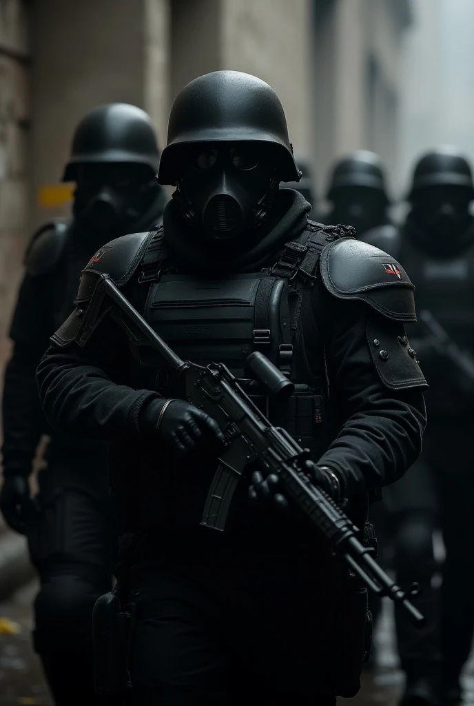 best quality, ultra high resolution，masterpiece, （reality，detail，close up）World War II，A group of soldiers wearing black coats，Breaking into the office building