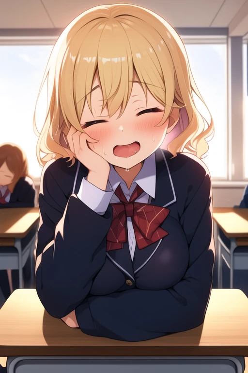 tanned 1woman in school-uniform, blond medium bob hair, glowing blue eyes, lipstick, parted lips, blushing, embarrassed, POV, too drunk, soft breast, (she is in disbelieve that she just experienced orgasm), trembling, visible heavy breathing, indoors, classroom, table, night, (soft-light, HDR, bokeh, lens-flare), (NSFW:0.4)
