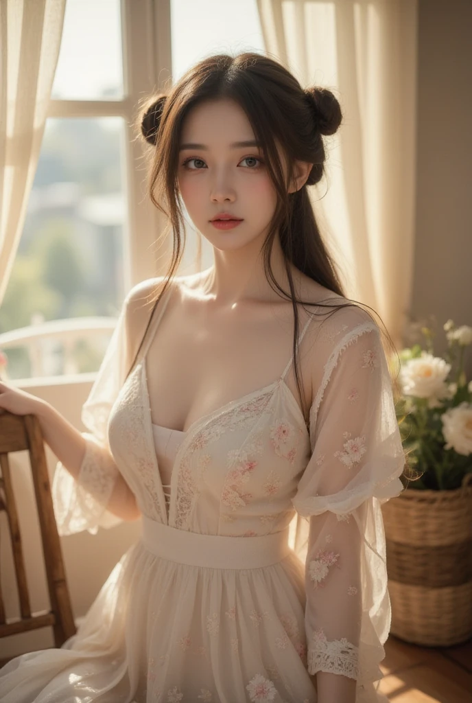 Caucasian 16 year old girl、Otome sitting、background blur、Super high quality、sunlight、Off-the-shoulder short dress、Fair-skinned beautiful girl、messy long hair、small cleavage、A fleeting look、clear outline、high definition skin、wet body