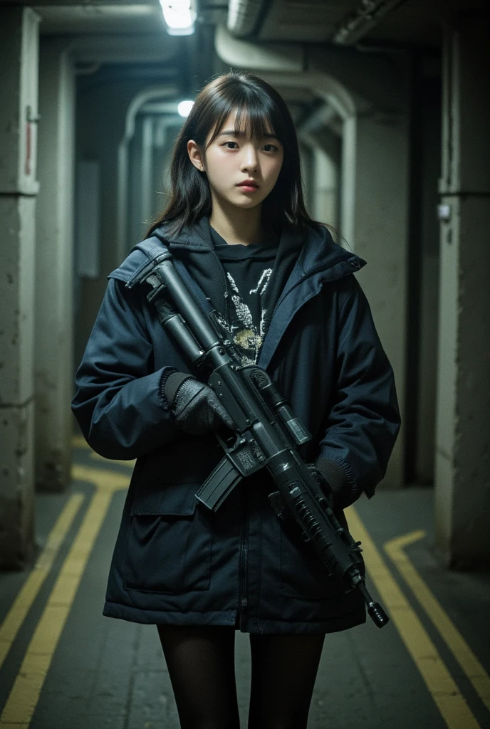 Discouraged subway tunnels, underground drivers, faint light, eerie shadow, high contrast, tunnel walls, past salvation remnants, concrete columns, CBR mask, microcymphini, cute Korean girl holding a gun, Bang Hair,