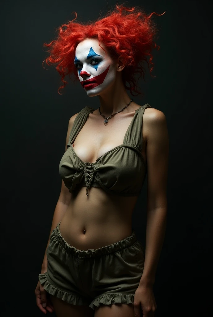 A young beautiful woman is posing in a mini skirt and bra, she is flirting, in a red room decorated with weapons, she is looking over her shoulder towards the viewer, seductive, wide hips, slim waist, bright blue eyes, 8k, war face paint, best quality, detailed face, bright red hair, white skin, big butt, curvy, white skin, wide muscular back and slim waist, she is looking over her shoulder towards the viewer, a smirk, long ginger hair, very white skin, very beautiful, she is sensual, blushing, curly hair, horny, straight ginger hair, huge butt, warrior face paint, red lipstick, hourglass figure, wide hips, wide hips skinny waist, blushing, hourglass figure, sexy, fitness model, sexy body, thick thighs, sweaty, very big butt, huge round butt, a very short mini skirt