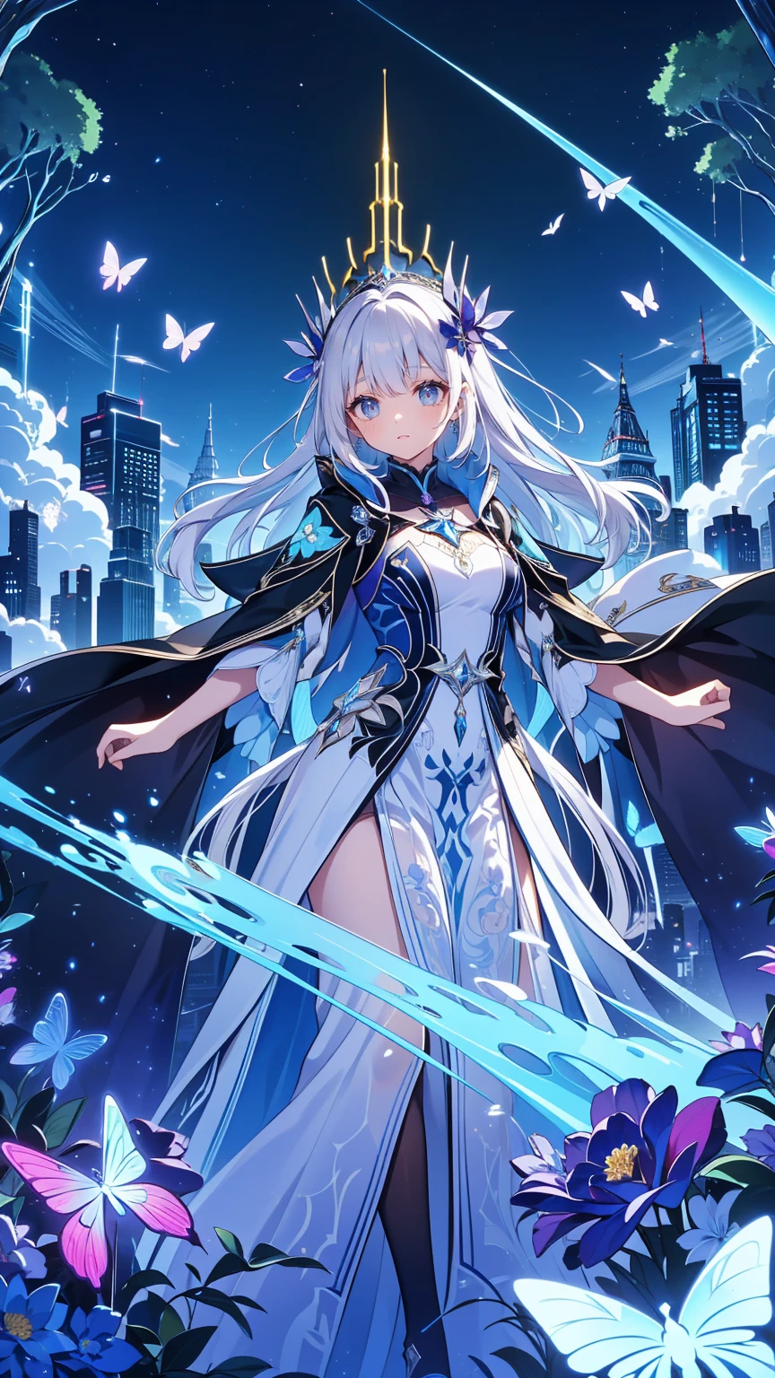 (Overhead view),dynamic angle,ultra-detailed, illustration, close-up, straight on, 1girl, (fantasy:1.4), (azure blue eyes:1.233),Her eyes shone like dreamy stars,(glowing eyes:1.233),(beautiful and detailed eyes:1.1),(Silver hair:1.14),(messy hair,very long hair,french braid,hair between eyes,sidelocks), (+(bule hair flower:1.14)),(chiffon dress,bule flower pattern in uniform)/=(military uniform:1.24),(detached sleeves,wide sleeves),(fingerless gloves),choker,(miko thighhighs),High heeled boots,(expressionless,closed mouth),(standing), (classical Princess boudoir with dressing tableand french windowin a white ancient palaces),(white flowers,bloom),(abysmal sea),(flowing water),(a dull blue world tree:1.14),(ruins),(night:1.2),dreamy,soul,(fluorescence),(flying translucent blue butterflies:1.15), [[delicate fingers and hands:0.55]::0.85],(detail fingers),(yubao:0.5),