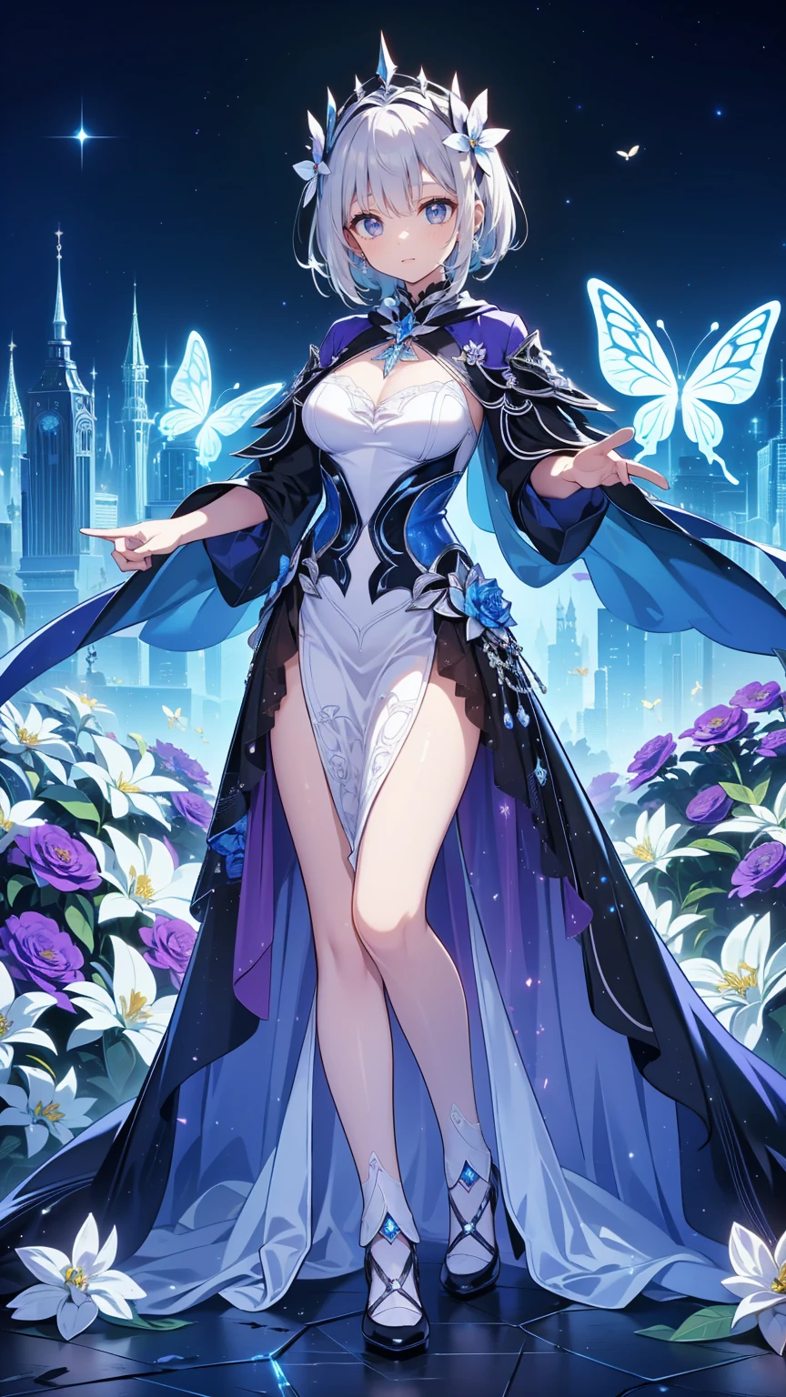 ((masterpiece:1.4,best quality)),(Super detailed),(Extremely detailed eyes),(black leggings,Shiny socks:1.5),Hello Darkness
(Cute girls),15 years old,(Blood-red pupils,Diamond-shaped pupil:1.15),Purple Eyeshadow,(elongated hair,Thick hair,Single ponytail,shiny hair:1.5)(Changes through:1.2),despair,sad,Empty eyes,tears streaming down my face,tilting its head to the side,
(She wore a blue dress,:1.5),(Black gloves:1.4)Very long plush sleeves,White,White Cloud,Dream bubbles ,Ice and glitter effects
(Black long skirt:1.1),
((Starry Sky:1.2)),
(Intense black and white:1.16),(Depth of Field:1.4),,Intricate details,(((Detailed background,Castle in the Sky,Purple flowers by the lake))),(((Huge breasts,Bare breasts,Deep cleavage,White stiletto high heels)))