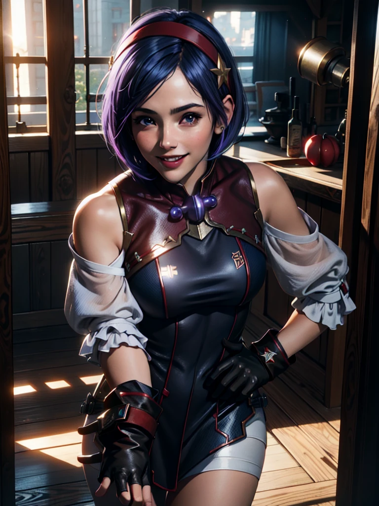 20-year-old woman, alone, sensual, beautiful, has very short blue hair, wears a red headband with a star, wears black fingerless gloves, smiling at the viewer (masterpiece, Best quality: 1.2), highest quality image 8k, best quality, Detailed background, hyper realistic, realistic and detailed, cinematic, ultra sharp focus, award winning photography, perfect contrast, high sharpness, depth of field, ultra detailed photography, global illumination, fluid, ultra high definition, 8k, Unreal Engine 5, Ultra Sharp Focus, Award Winning Photography, Art Station Trends
