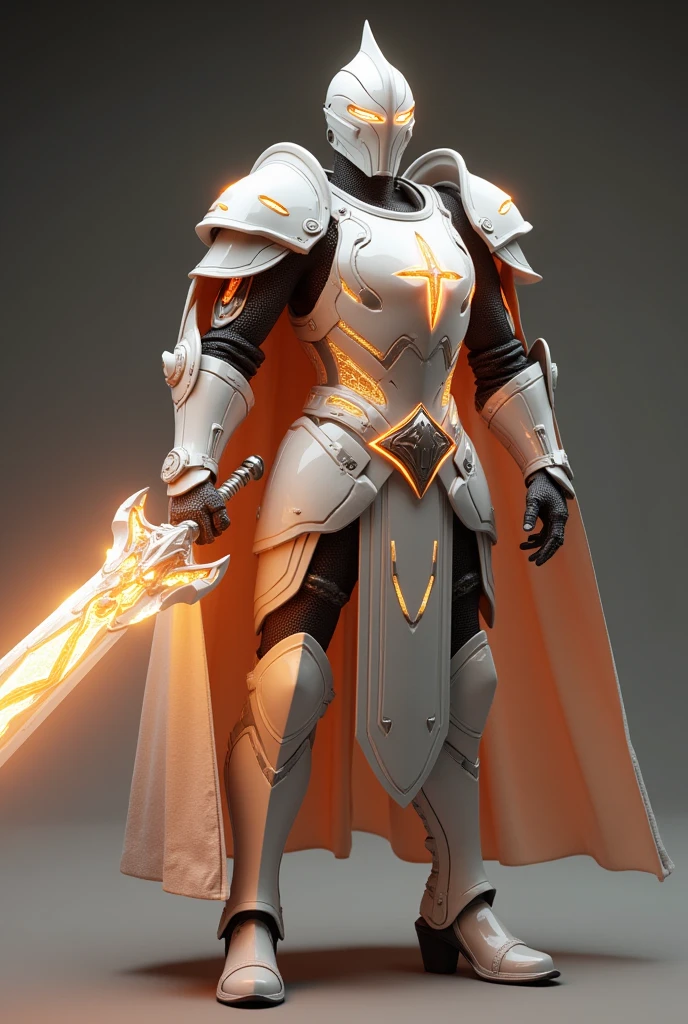 unreal engine, a full armor mecha paladin, he wear a white knight armor with glittering orange neon light and white cloak, he holding a holy white sword with glittering orange neon light, fighting stance, cinematic lighting