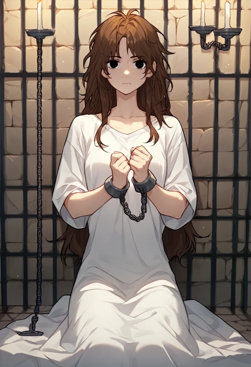 check_9, check_8_up, check_7_up, check_6_up, check_5_up, check_4_up, BREAK источник_anime, manhwa-artstyle, 1 girl, white shirt, solo, looks at the viewer, putting arms, chains, shackles, brown hair, messy hair, black eyes, dark eyes, jail, long hair, dungeon, medieval prison, worth, night, candles, sit