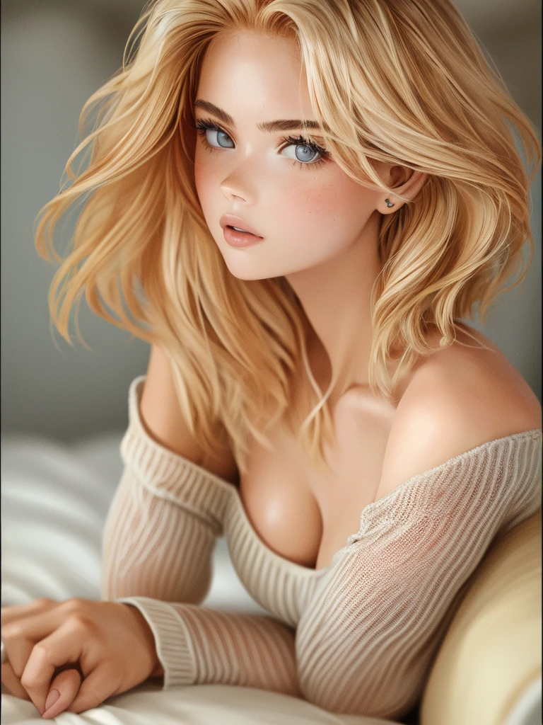 1 girl, gorgeous slender woman, wavy extremely short messy red and yellow hair, off-shoulder soft knit sweater dress, nothing underneath, laying in bed, extremely short pixie cut, legs spread wide open, aroused, erotic, embarrassed, horny, (best quality,4k,8k,highres,masterpiece:1.2),ultra-detailed,(realistic,photorealistic,photo-realistic:1.37),HDR,UHD,studio lighting,ultra-fine painting,sharp focus,physically-based rendering,extreme detail description,professional,vivid colors,bokeh,portrait, Undercut, Very Short Hair, Pixie Cut, Bald, Bald Girl, full body in frame