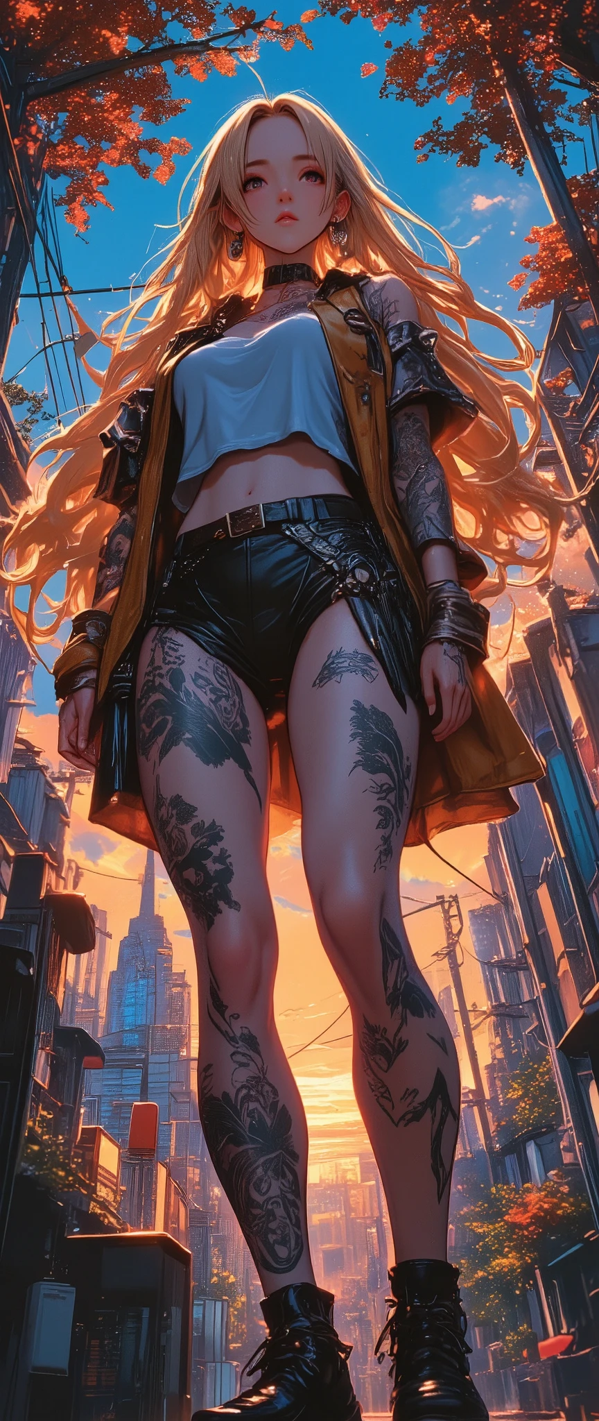  Anatomically correct , Plan General,  full body  ,  a woman with tattoos on her legs , hood, blonde  Anime girl with long hair  negro, Is it late sunset colors , in the style of Guweiz  ,  Realistic anime art style  , realistic art style,  Realistic anime art style  ,  realistic style 3d anime , anime realism style,  Anime girl with long hair  , artgerm style,  beautiful digital artwork  , beautiful anime girl, U  High definition  , Retina,  masterpiece  , necessary,  Anatomically correct  , de la vieja escuela,  super detail  , High details, alta quality , Winner Award  , la mejor quality, highres, GTA V:1.5 ,  view of the camera from below Ross Tran style , realistic art style , In the style of Ross Tran , Ross Tran. picturesque background ,  beautiful digital artwork  , lois van rossdraws, realistic art style ,  impressive digital illustration  , ross drawings 1  . 0,  impressive art style  , in the style of Guveiz  ,quality\(8K,  wallpaper с чрезвычайно детализированным CG юнитом,  High definition , top-quality, top-quality real texture skin,  hyperrealistic , increase resolution , RAW photos , best quality, It's very detailed ,  wallpaper , Proporción áurea,  high-intensity realism  ,  style in bright colors  ,  'dramatic lighting' ,  Compelling story  , атмосферный landscape ,  Stunning images  ,  complex details  , strong emotions, dream world\).landscape, Contract, Retina,  masterpiece , necessary,  Anatomically correct  ,  Textured skin  ,  super detail ,  High level of detail , high quality , awarded , best quality,  High definition , 1080P,  High definition , 16 mil.