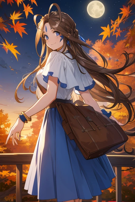 (masterpiece), Best Quality,  high definition, Verdandy, Long Hair,  blue eyes, Brown Hair,  facial marks, Forehead marker, Gloves, smile, Strangling ,  bracelet, ring, Low altitude  :0.6, ( autumn park:1.1), stand, Age 25, happy new years,  fall leaves for vaginal discharge，night, Clear photos,  long skirt , Dark Skies, moon，