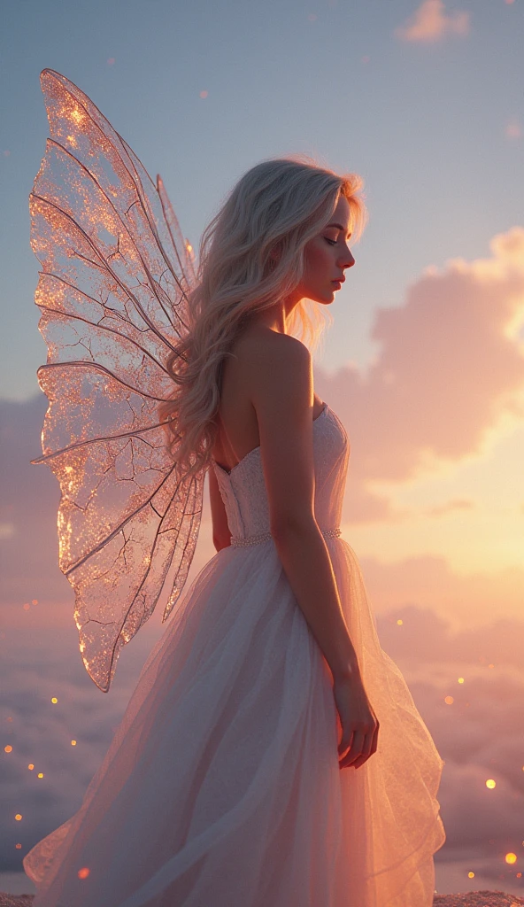 a fairy girl sitting on the beach, sunset light everywhere, golden stars falling from the sky, beautiful detailed eyes, beautiful detailed lips, extremely detailed face and features, long eyelashes, flowing hair, elegant dress, serene expression, photorealistic, 8k, highly detailed, vivid colors, dramatic lighting, cinematic, fantasy, magical realism