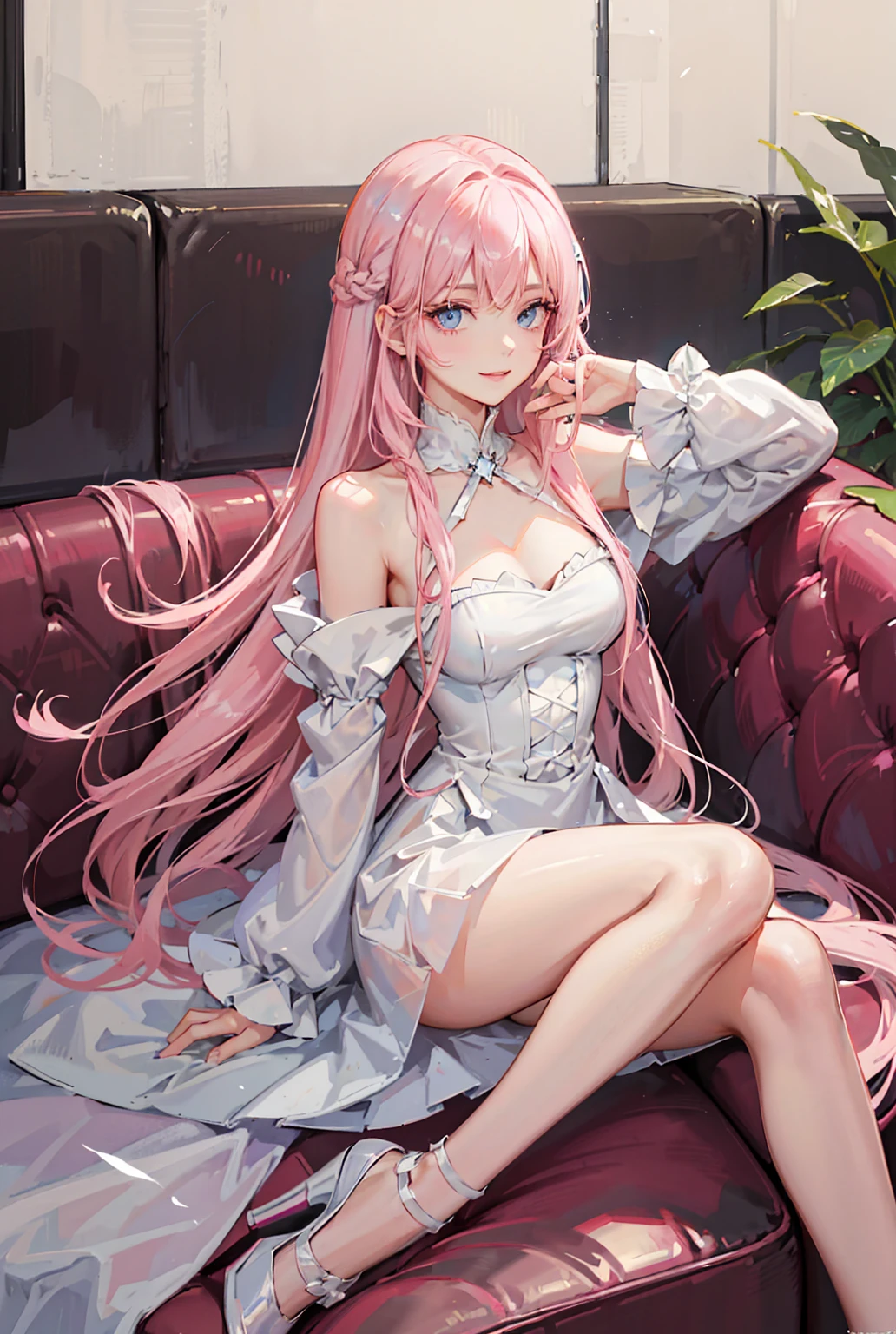 quadratic element，Honkai 3，Alicia，(((A pink-haired)))，blue color eyes，long whitr hair，A busty woman，best qualityer，The pointed ears are slightly shorter，By bangs，dated，Long eyelashes，（（dishiveredhair）），（（White feather hair ornament）），ssmile，White off-the-shoulder ceremony，Palm up，Dull hair，anime artsyle,Genshin Impact，long whitr hair，extra very long hair，ventania，sitting before a table，Look ahead，Anime girl sitting at table,long and flowing hair，At home，Affectionate look
