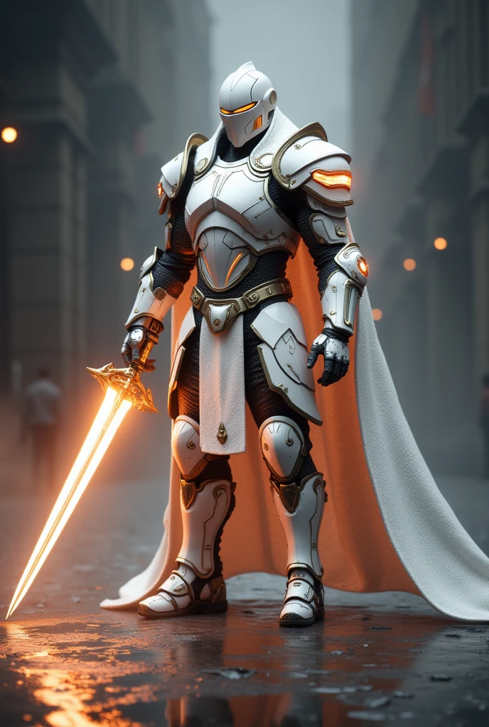 unreal engine, a full armor mecha paladin, he wear a white knight armor with glittering orange neon light and white cloak, he holding a holy white sword with glittering orange neon light, fighting stance, cinematic lighting