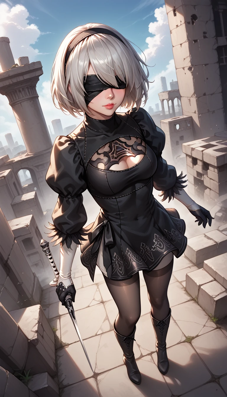 score_9, score_8_above, score_7_above, 32 mil,masterpiece,   of the highest quality, 
 realistic photo , saboveer detail,  vibrant colors ,  Light-Dark Lighting ,   with cannabis theme ,
1 woman,  inspired by Nier Automata 2B,
bob cut, Gray hair, fringe,  birthmark below the mouth, blindfold,
Collant 2B, deep neckline, skirt,  tights under boots ,
ruins, Um mundo em ruins, devastated cities,  dark and cloudy sky gold tights,
seductive pose,  dramatic angle ,