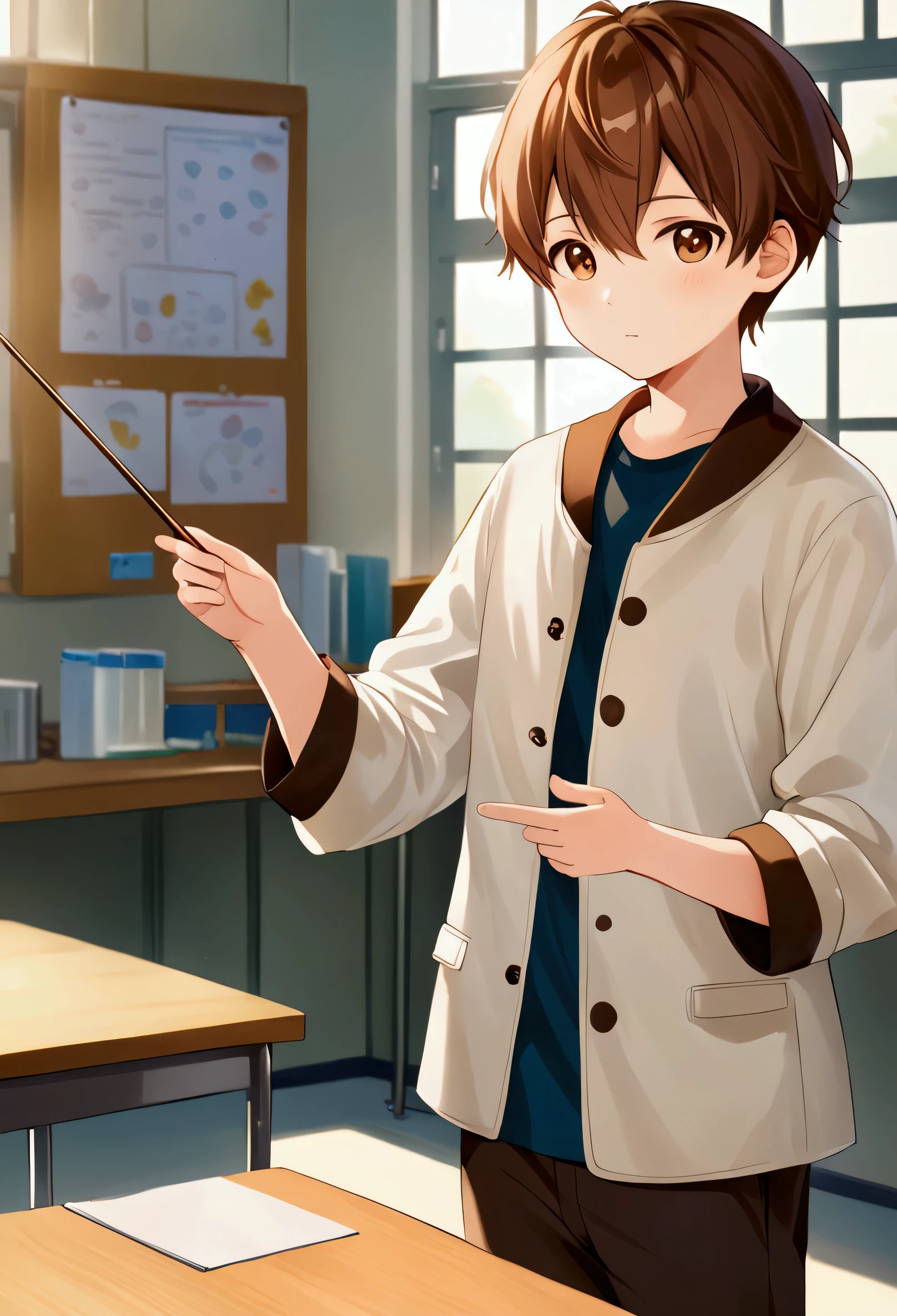 a young man of approximately -19 years olith short hair, well-groomed brown hair and warm brown eyes , wearing a white coat over a light blue shirt , standing in a classroom or laboratory . He has a friendly and attentive expression , holding a small , thin rod in one hand while gesturing with the other , as if explaining a concept . The background is softly blurred , keeping the focus on him , with soft, natural lighting adding a cozy atmosphere .