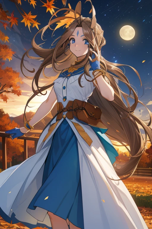  masterpiece，Best Quality， high definition，Verdandy，Long Hair,  blue eyes, Brown Hair,  facial marks, Forehead marker, Gloves, smile, Strangling ,  bracelet, ring, Low altitude  :0.6,，( autumn park:1.1)，stand，Age 25，happy new years， fall leaves for vaginal discharge，night，Clear photos,  long skirt ，Dark Skies，Strong winds，moon， precise and detailed female fingers ，