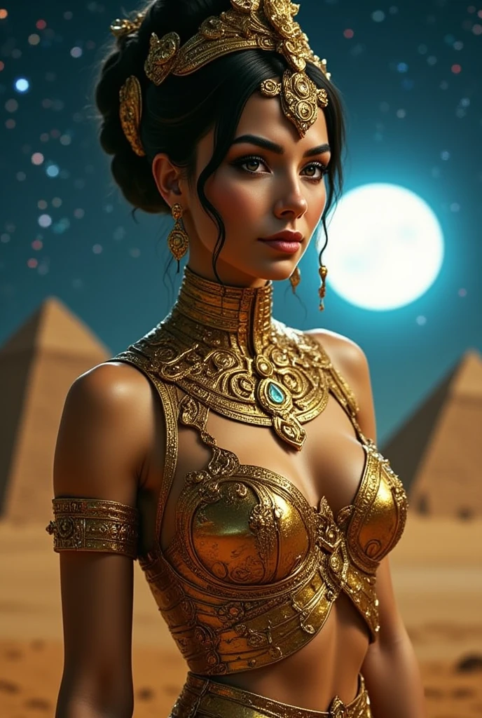 ((masterpiece)) ((photography)) ((Highest quality)) A highly detailed and sensual full-body  illustration of an Egyptian queen, embodying the essence of a goddess and pharaoh. She is dressed in an intricate golden outfit that reveals her figure, with shimmering powder covering her face and chest, giving her a radiant, otherworldly glow. Her expression is both powerful and serene, exuding the strength and beauty of ancient royalty. In the background, towering pyramids rise against a deep blue night sky filled with stars. A large, luminous white moon casts a soft, mystical light over the scene, enhancing the queen’s golden aura and the majestic ambiance of the Egyptian landscape.