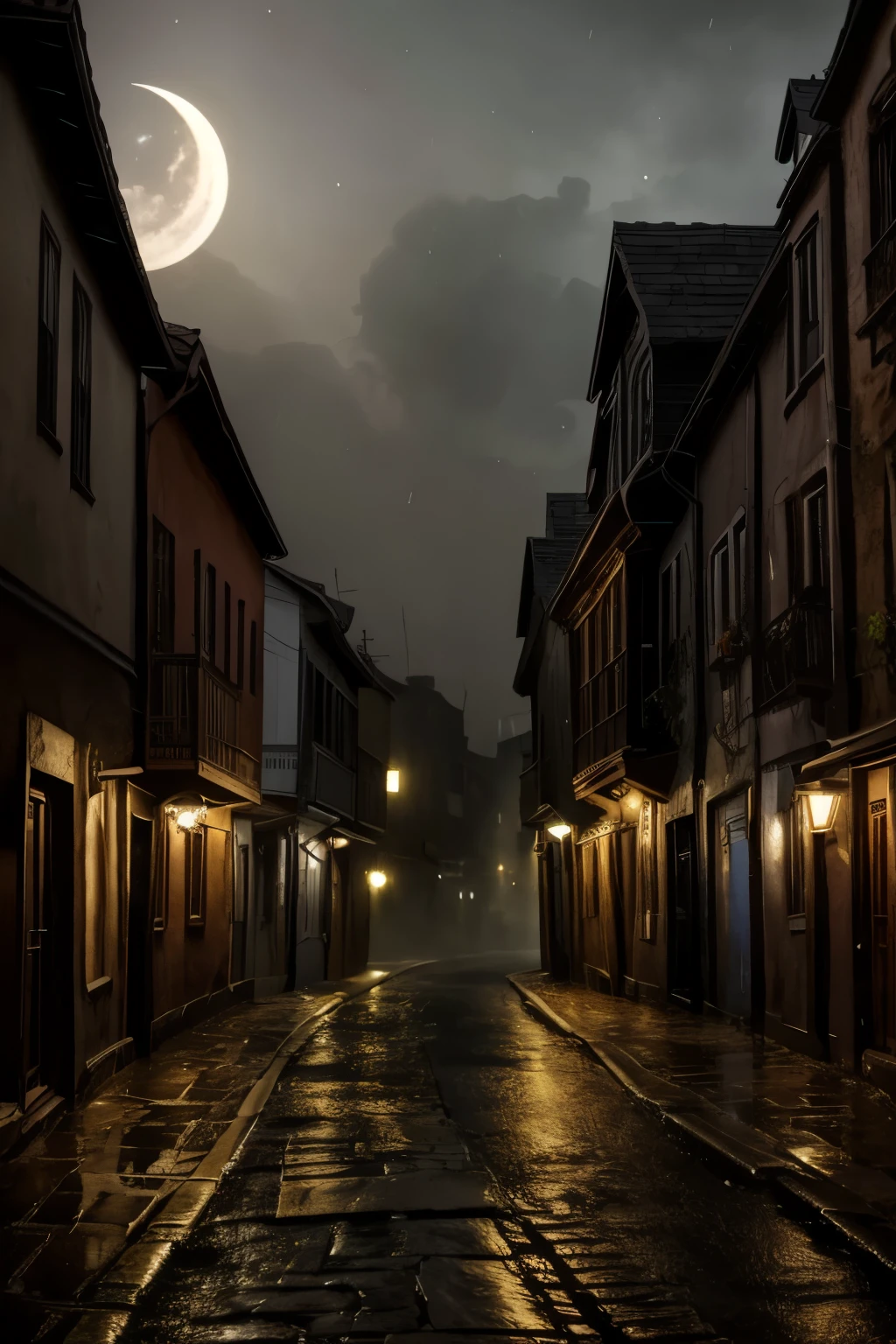 Dark gloomy street of mystic ancient town, nighttime, after the rain, (glowing fog)1,2, muted colors, vintage, aesthetic, (Dark Fantasy)0,9, Otherworldly, Surreal, 16K, dreamy, dark mode, Starlight0,9, moonlight, Ambrotype, beautiful, masterpiece, highest quality, There is a black flower on the damaged road，crescent moon，town，The light is dark，gothic style（（best quality））， （（intricate details））， （8k）
