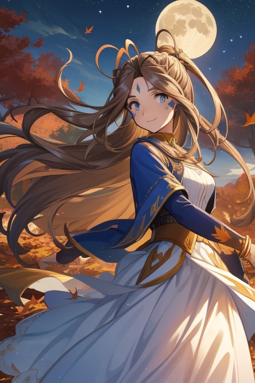  masterpiece，Best Quality， high definition，Verdandy，Long Hair,  blue eyes, Brown Hair,  facial marks, Forehead marker, Gloves, smile, Strangling ,  bracelet, ring, Low altitude  :0.6,，( autumn park:1.1)，stand，Age 25，happy new years， fall leaves for vaginal discharge，night，Clear photos,  long skirt ，Dark Skies，Strong winds，moon， precise and detailed female fingers ，