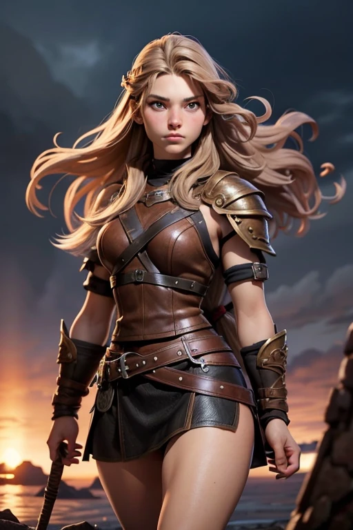 viking, (Age 18 years) Hair and brown eyes in leather armor. Your view to the front. No background. Run.