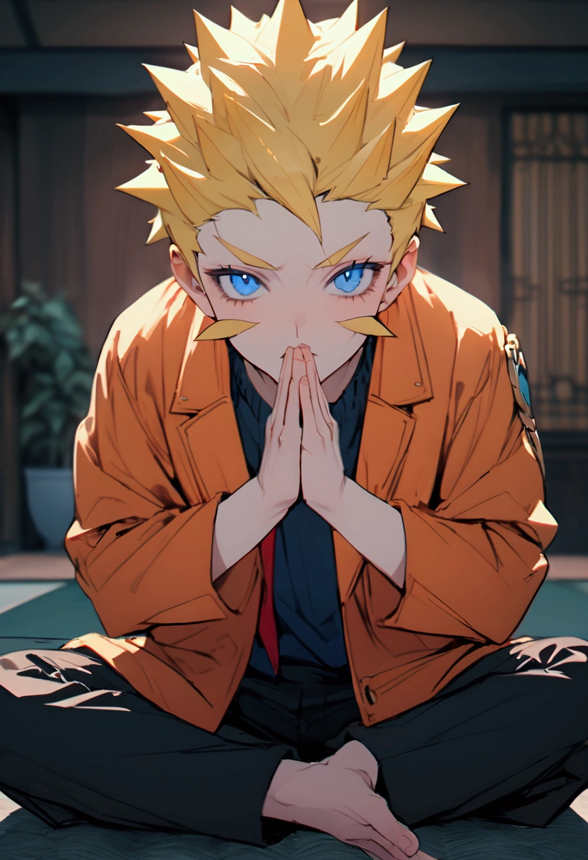 high quality, blur-free image, (yellow spiky hair, blue eyes, three mustaches on each side of the cheek) (orange jacket and black pants) with meditation pose