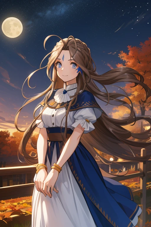  masterpiece，Best Quality， high definition，Verdandy，Long Hair,  blue eyes, Brown Hair,  facial marks, Forehead marker, Gloves, smile, Strangling ,  bracelet, ring, Low altitude  :0.6，( autumn park:1.1)，stand，Age 25，happy new years， fall leaves for vaginal discharge，night，Clear photos,  long skirt ，Dark Skies，Strong winds，moon， precise and detailed female fingers ，