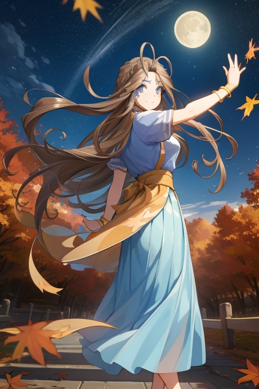  masterpiece，Best Quality， high definition，Verdandy，Long Hair,  blue eyes, Brown Hair,  facial marks, Forehead marker, Gloves, smile, Strangling ,  bracelet, ring, Low altitude  :0.6，( autumn park:1.1)，stand，Age 25，happy new years， fall leaves for vaginal discharge，night，Clear photos,  long skirt ，Dark Skies，Strong winds，moon， precise and detailed female fingers ，