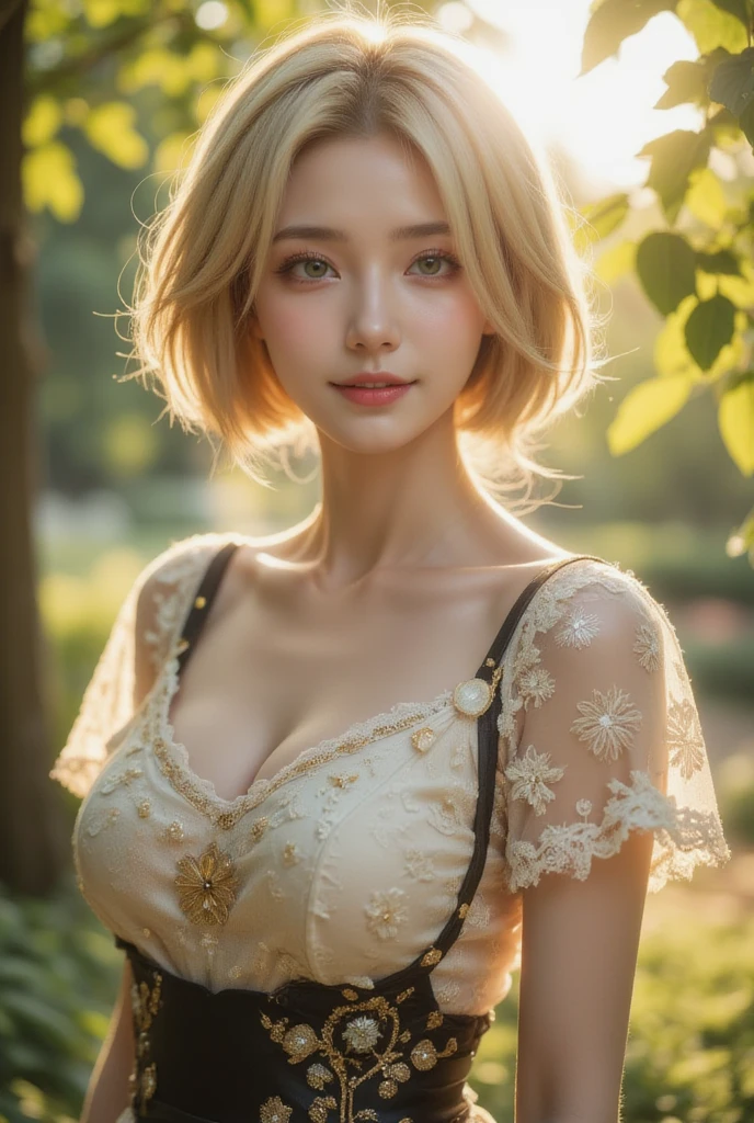 An image of a busty prisoner, blonde bob hair, gorgeous, on a field, scorching sunny day, bloom, (detailed skin complexion:1.2), best quality, deep color, complex shading effect, ambient occlusion, highly detailed textures