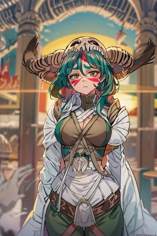  nellyeltuodelschwank ,  Nelliel you odellschwank ,  long hair ,  green hair, ( facial mark :1.5), scull, ( brown eye :1.5), very detailed eyes,  green hair, BREAK espada suit, partially dress, white одеваться, cleavage,  long sleeves , collar, skirt, white skirt, gloves, white gloves,  sexy parts of the body slightly crush, pop,  uncensored , you can see cowards, beautiful breasts , you can see the chest, BREAK outdoors, desert, sky, Sun, cloud, very bright and bright colors, BREAK looking at viewer, (  cowboy shot  :1.5), BREAK (masterpiece:1.2),  best quality,  high resolution , unity 8k wallpaper, ( illustration:0.8), ( Beautiful detailed eyes :1.6),  extremely detailed face,  perfect lighting ,  Extremely detailed computer graphics, (perfect hands,  perfect anatomy),